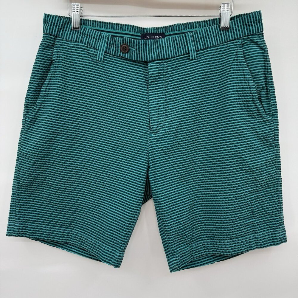 Lands End High Rise Seersucker Shorts Mens 35 Flat Front Stretch Waist‎ Chino
